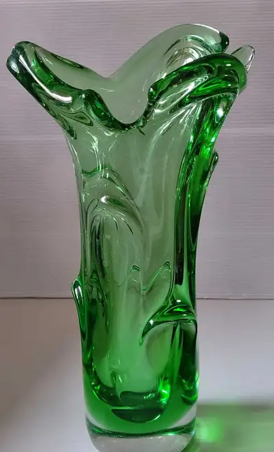 Vintage Czech Bohemian Emerald Green Swung Stretched Glass Vase , View more