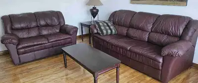 1 divan 3 places, 1 causeuse, 1 table de coin, 1 table à café, 1 lampe d'appoint