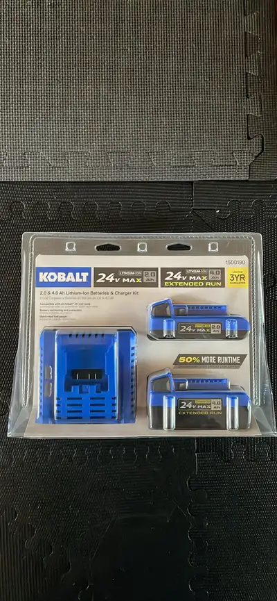 New Kobalt 24V Battery and Charger Kit. Brand new in sealed packaging. One 2Ah Battery, one 4AH Batt...