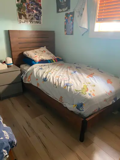 Twin bed frame/headboard and mattress., View more