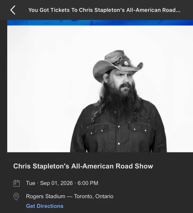 Chris Stapleton September 1  Toronto Roger’s Centre