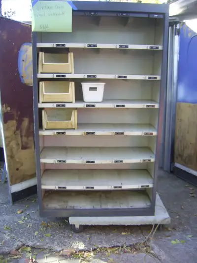 Metal shelf locker from school gym and or swim pool open front , no doors or baskets ,has shelves on...