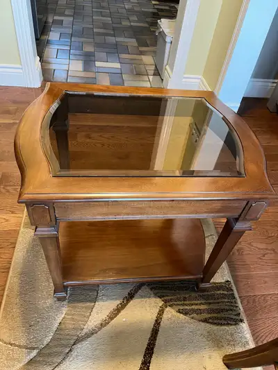 Coffee and two Beveled Glass End Tables, View more
