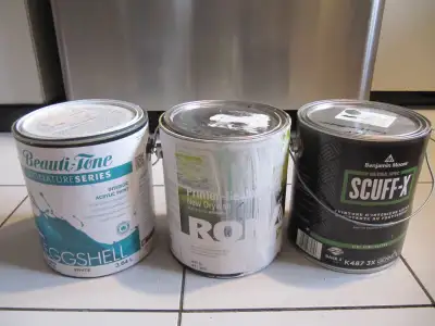 Up for sale is a three piece lot of Benjamin Moore Scuff-X (Grey) New; Beauti Tone White Acrylic Pai...