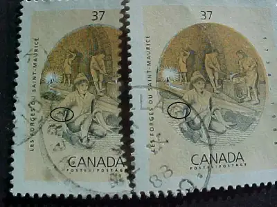THIS CANADIAN VARIETY STAMP, A CUFF LINK, WAS ISSUED AUGUST 19, 1988 AND IS ON THE 37 CENT LES FORGE...