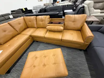 Tan Leather Sectional Sofa with Storage Ottoman, View more