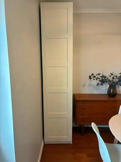 3 Ikea Pax wardrobes. 19 5/8x23 5/8x93 1/8 ". 1 with door, clothing hanger and 3 shelves (minor scuf...