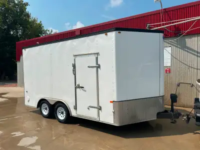 2014 Interstate Enclosed Trailer, 16’L (14+2) x 8.5’W. 3500 lb braking axles, spring ride, elec. jac...