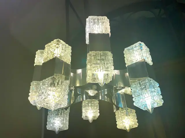 CHANDELIER BY GAETANO SCIOLARI IN GLASS AND CHROME in Indoor Lighting & Fans in City of Toronto - Image 4