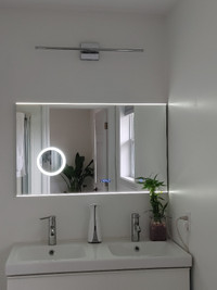 Bathroom mirror with LED lights, defogger, clock