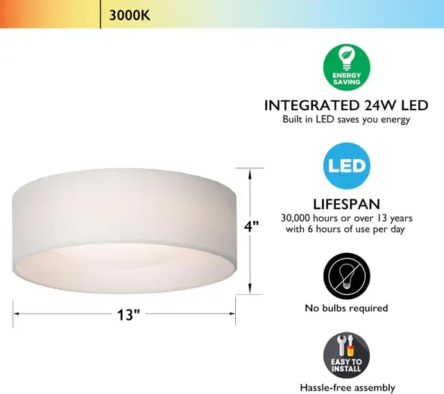 13" White Linen Fabric Flush Mount Ceiling Light, 24W LED 3000K in Indoor Lighting & Fans in Oshawa / Durham Region - Image 3