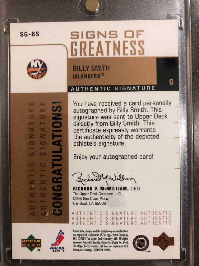 Billy Smith Signs Of Greatness Autographed Card  in Arts & Collectibles in Markham / York Region - Image 2