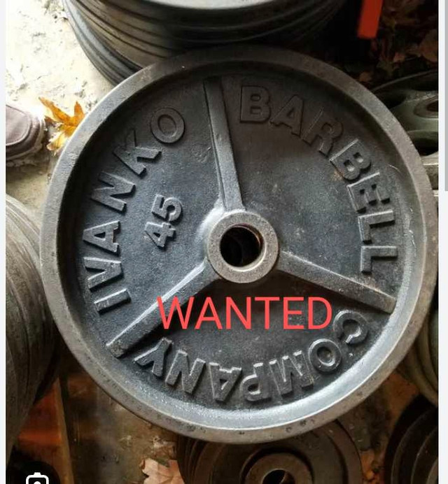 WANTED Ivanko 45 Olympic weight plates in Exercise Equipment in Calgary