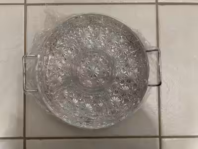BNIB, Grand Prix round 10 inch diameter glass stand with 5 divisions with silver plated tray.