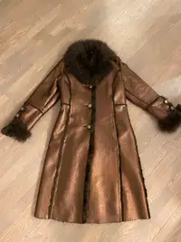 Metallic Brown Faux Leather & Fur Winter Coat