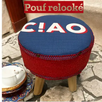 Pouf relooké tissu neuf repose pieds, View more