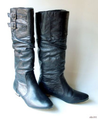 Steve Madden Branddy Black Leather Knee High Low Heel Boots 6.5