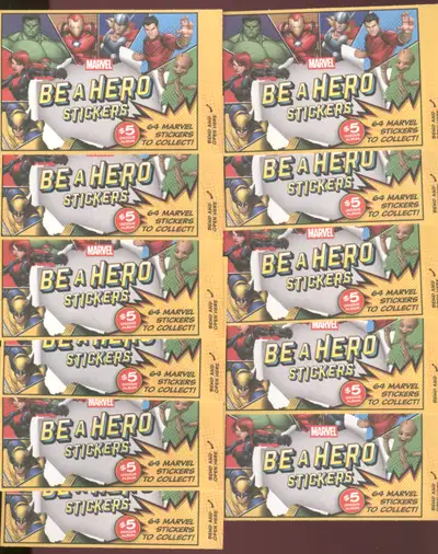 Lot of 14 Marvel Comics Be A Hero stickers. All sealed, all mint. Look for The Hulk, Spider-Man, Cap...