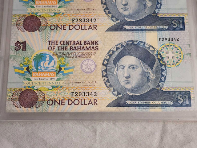 1992 Central Bank Of The Bahamas Quincentennial $1 Note Uncut in Arts & Collectibles in City of Toronto - Image 2