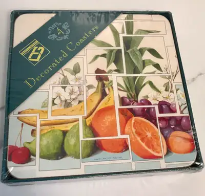 New Package of 4 Drink Glass Coasters Fruit Pattern, View more