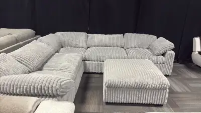 Grey Corduroy Sectional Sofa with Ottoman, View more
