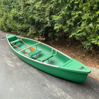 15 ft Coleman canoe together with paddles.