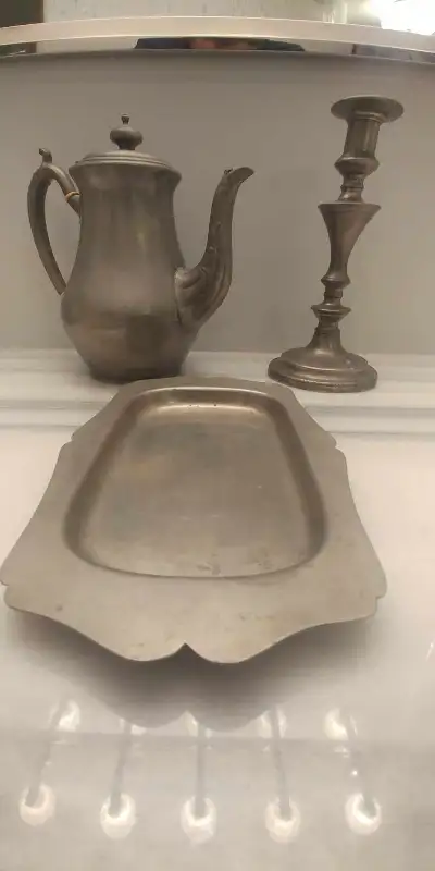 Group ANTIQUE Pewter Pieces Coffee Tea Pot Candlestick & Platter, View more