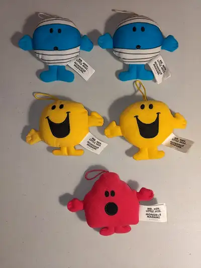 Here are five 2022 McDonald's Mr. Men Little Miss plush ornaments all with tags & rope hangers Take...