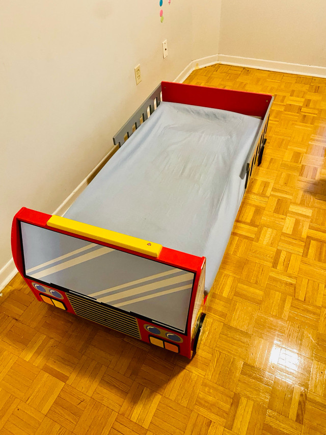 Wooden Toddler Firetruck Bed + Mattress in Beds & Mattresses in Mississauga / Peel Region - Image 3