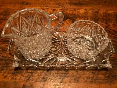 VINTAGE LEAD CRYSTAL CREAMER AND SUGAR BOWL, View more