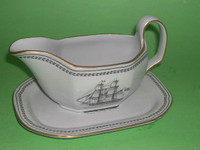 REDUCED Spode Trade Winds Black Gravy Boat & Stand