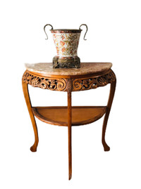 Half moon handcarved wood and marble top console table