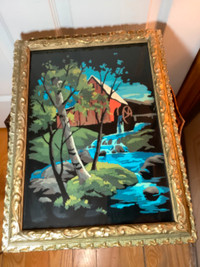 Antique Acrylic Ptg  of a Mill w Gold Coloured Gilded Wd Frame