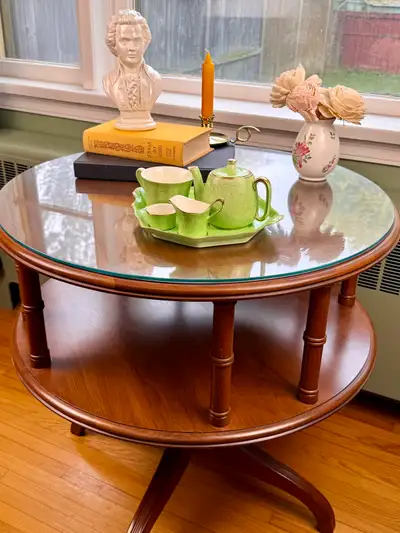Vintage Pennsylvania House Round Glass Top Accent Side Table, View more
