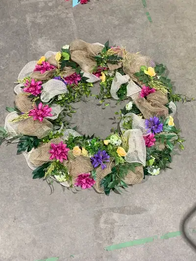 Floral Wreath with Burlap Ribbon 40”, View more