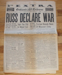 WWII 1945 Vintage Newspaper Russ Declare War, Atomic Bomb