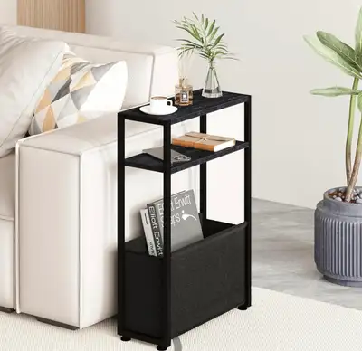 New-Black Slim Side Table with Magazine Rack, Bedside Table, View more