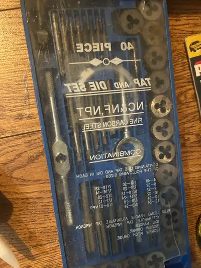Complete 40-piece carbon steel tap and die set. Includes both NC (coarse) and NF (fine) threads plus...