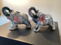 2 Silvery Porcelain "Trunk Up" Elephant Figurines