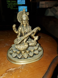 Solid Brass Very Old Saraswati Statue Indian Deity God