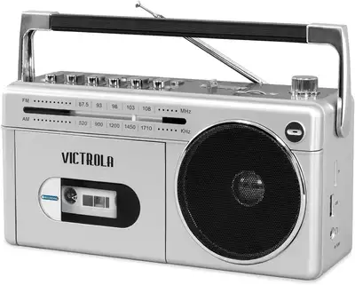 VICTROLA - VBB-25 SLV Cassette Radio USB Player AC/DC Mini Bluetooth Boombox with Cassette Player, R...