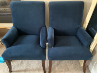 Pottery Barn comfort roll arm chairs, navy velvet, two
