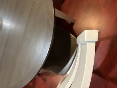 Drop_leaf round wood dinning table with 3 matching chairs, View more