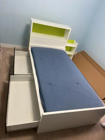 For pick up Used for roughly seven years Mattress included Comes with drawers underneath and hidden...