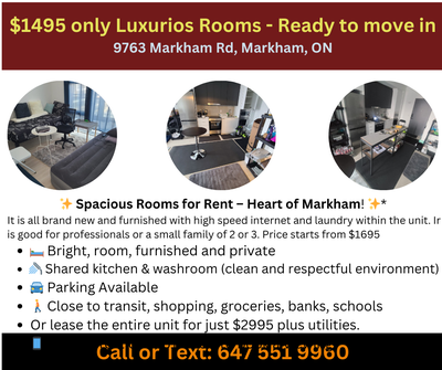 *✨ Spacious Rooms for Rent $1495 – Heart of Markham! ✨* Bright, room, furnished and private. Shared...