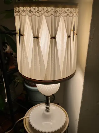 Vintage Milk Glass Hobnail Table Lamp with Pleated Shade, View more