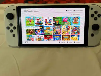 Version française : "La console Nintendo Switch est équipée d'une carte mémoire de 256GB et propose...