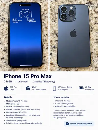  iPhone 15 Pro Max – 256GB – Mint Condition – Unlocked, View more