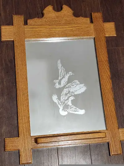 Vintage Handcrafted Oak Wall Mirror with Ledge, View more
