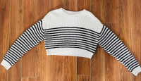 Cozy White Cropped Sweater with Black Stripes